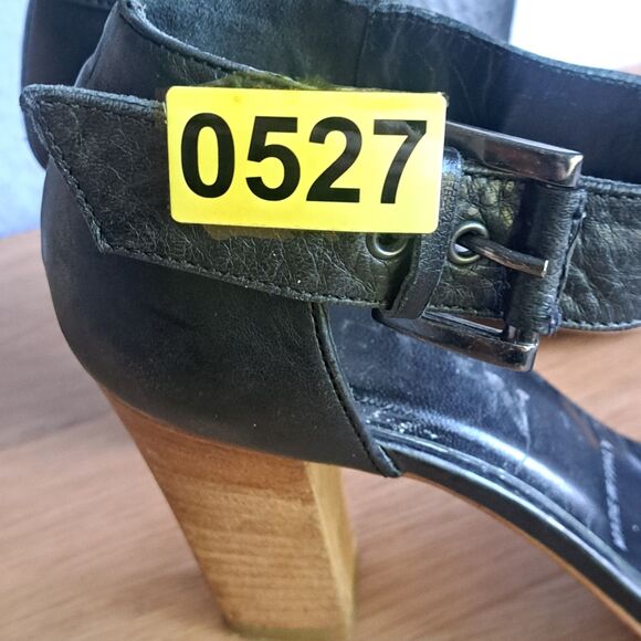 Melin Vintage Leather Ankle Strap Sandals Women 36 Black Block Heel Wood Detail - Picture 13 of 13